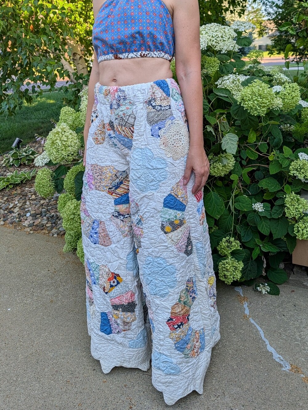 WIDE LEG QUILT PANTS vintage patchwork feedsack M - Picture 4 of 16